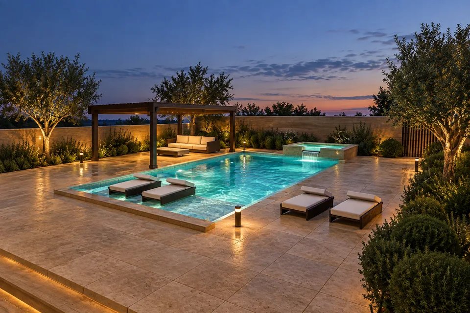 Fictional courtyard visualization with a long pool, raised spa and timber pergola